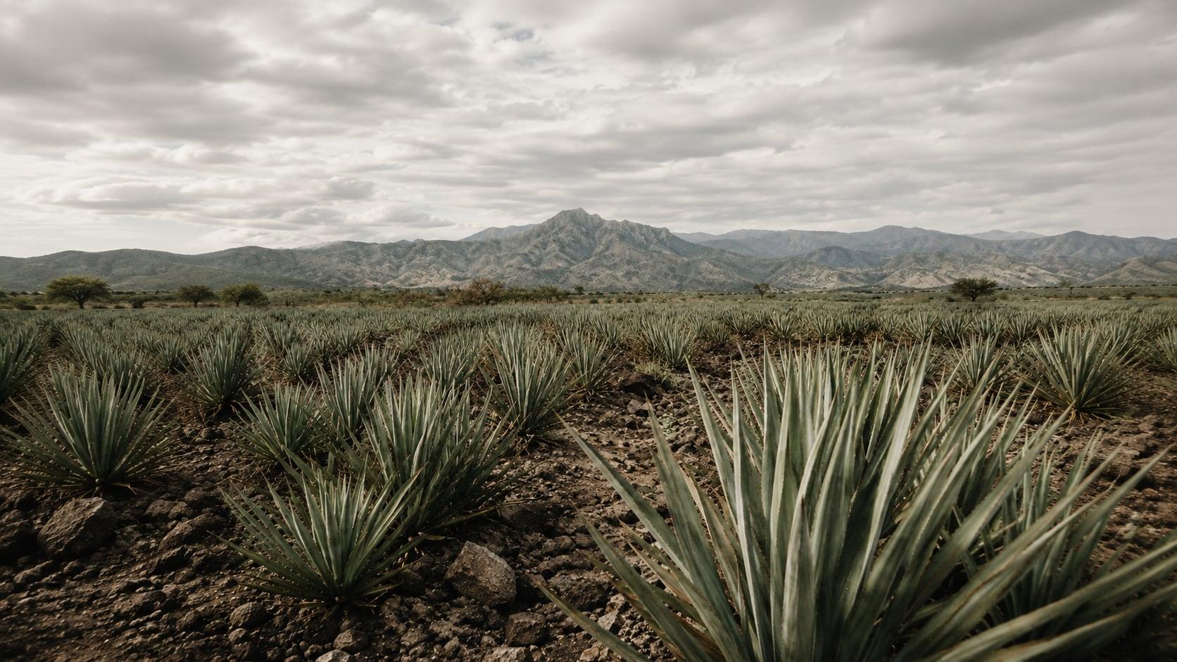 Agavenfeld bei Ixtlán del Río in Nayarit, dahinter die Berge unter Wolken