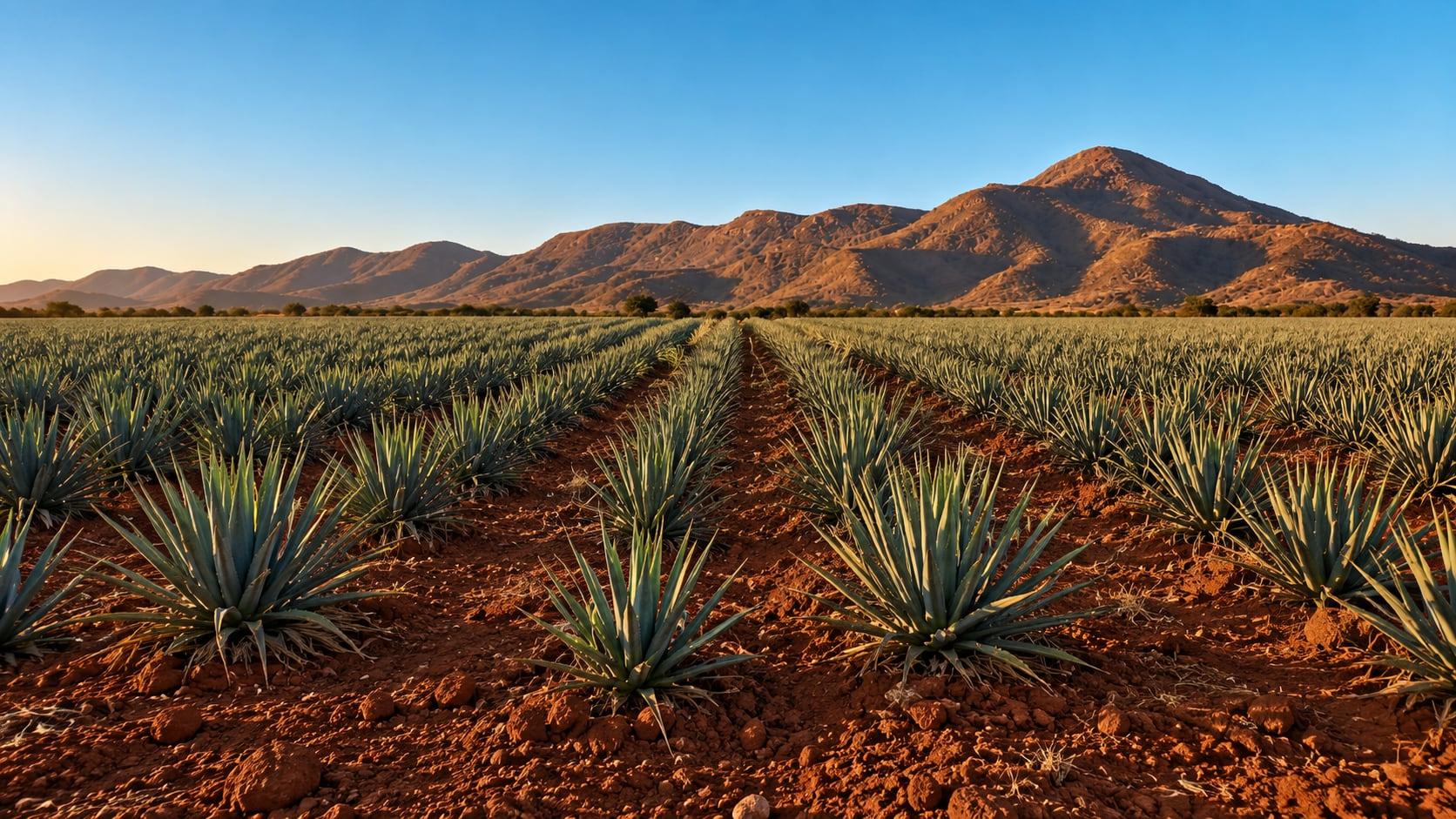 Agavenfelder auf roter Erde in Los Altos de Jalisco, dahinter die Berge im Abendlicht