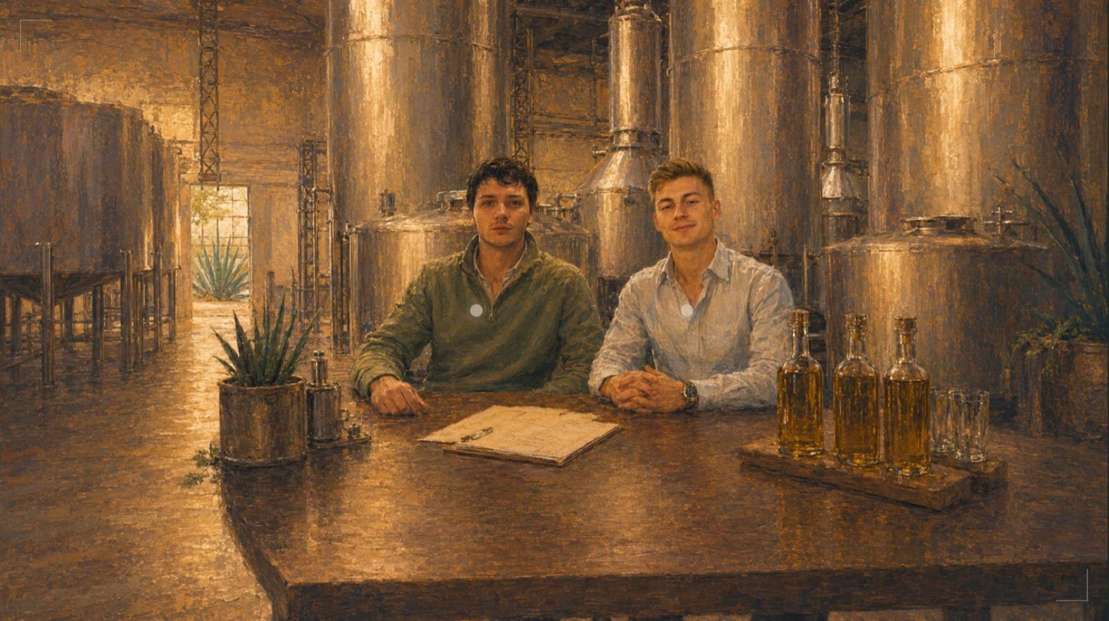 Los fundadores de Mecanova en una mesa de una destilería